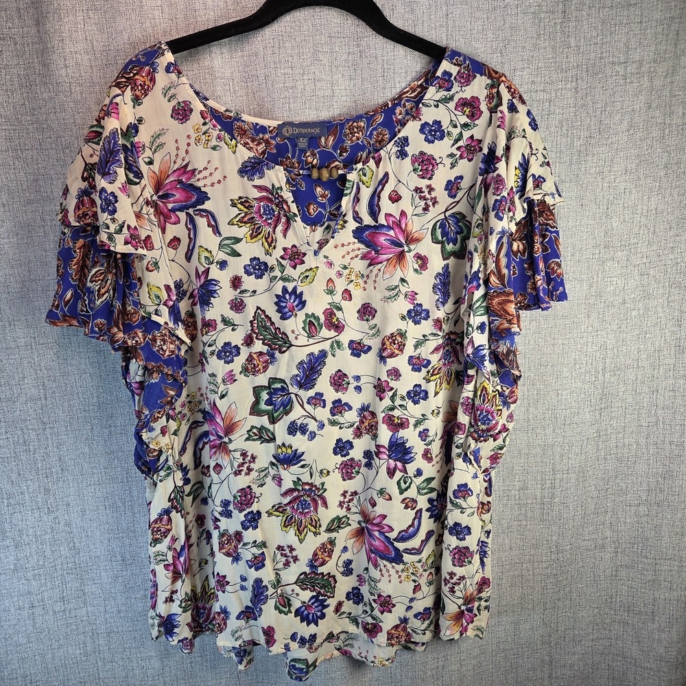 Democracy Women's Floral Flutter Sleeve Rayon Blouse Boho Peasant Top XL Beads